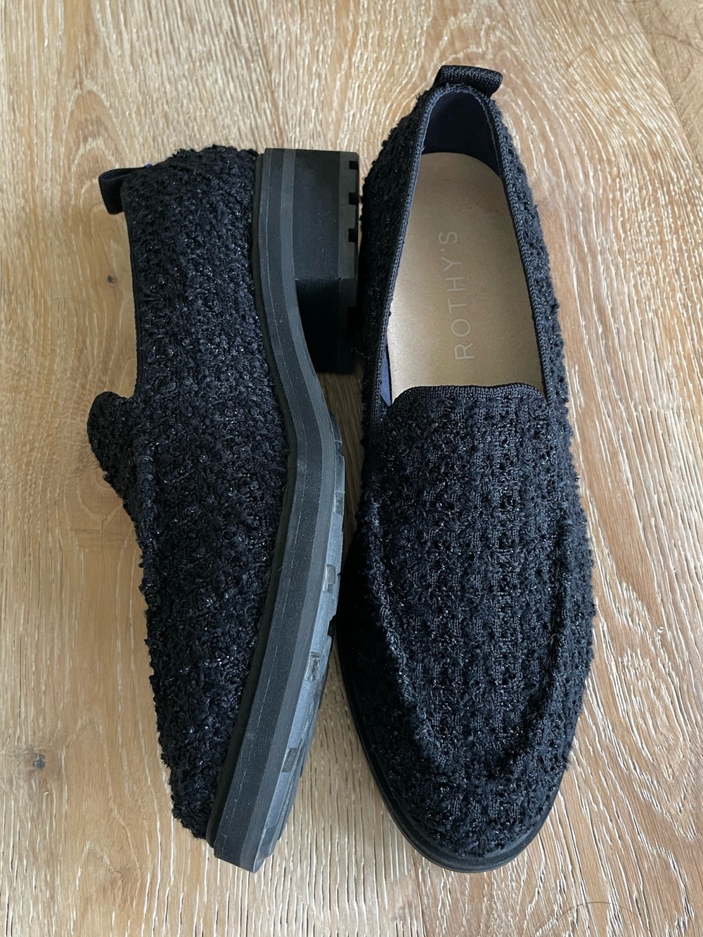 Rothy’s The Lug Loafer Boucle Black Chunky Preppy Comfy Size 9.5